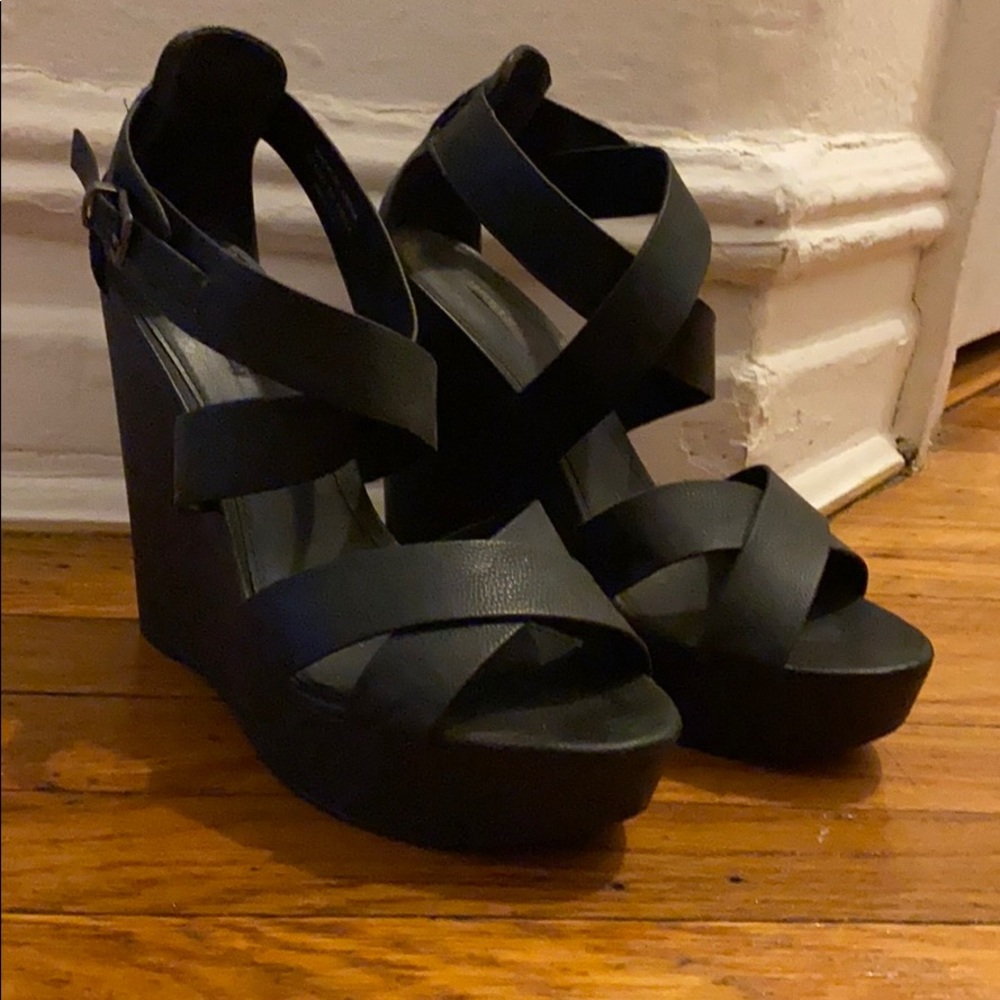Black vegan leather platform wedge heels strappy